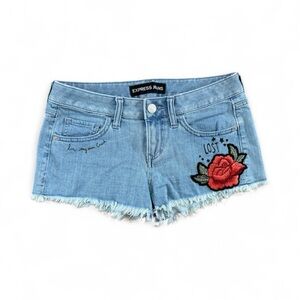 Express Light Blue Jean Shorts with Red Floral Embroidery
